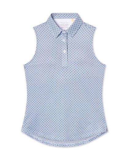 Milano Sleeveless Polo in Gemstone, flat lay front view featuring a white base with navy geometric medallion allover print pattern