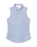 Milano Sleeveless Polo in Gemstone, flat lay front view featuring a white base with navy geometric medallion allover print pattern