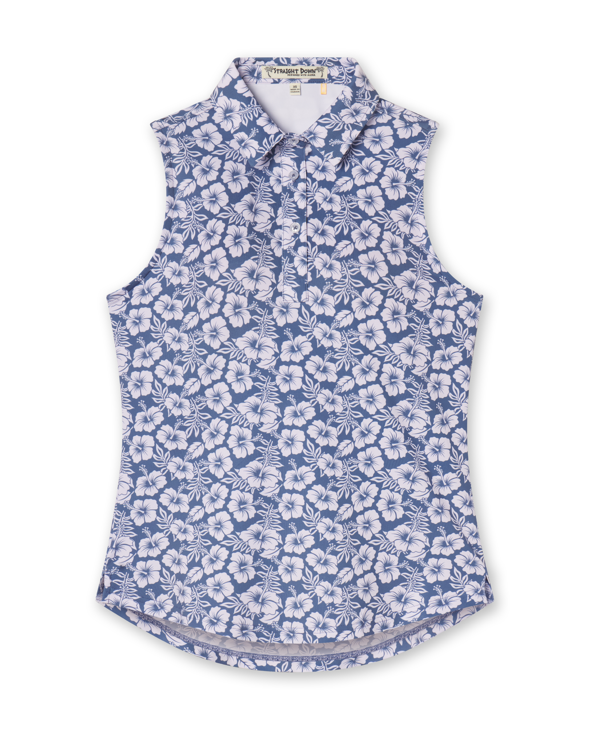 Moloka'i Sleeveless Polo in Moonlight, flat lay front view featuring a slate blue base with a white hibiscus and tropical leaf print
