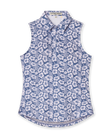 Moloka'i Sleeveless Polo in Moonlight, flat lay front view featuring a slate blue base with a white hibiscus and tropical leaf print