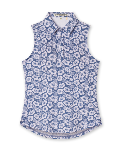 Moloka'i Sleeveless Polo in Moonlight, flat lay front view featuring a slate blue base with a white hibiscus and tropical leaf print
