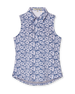 Moloka'i Sleeveless Polo in Moonlight, flat lay front view featuring a slate blue base with a white hibiscus and tropical leaf print
