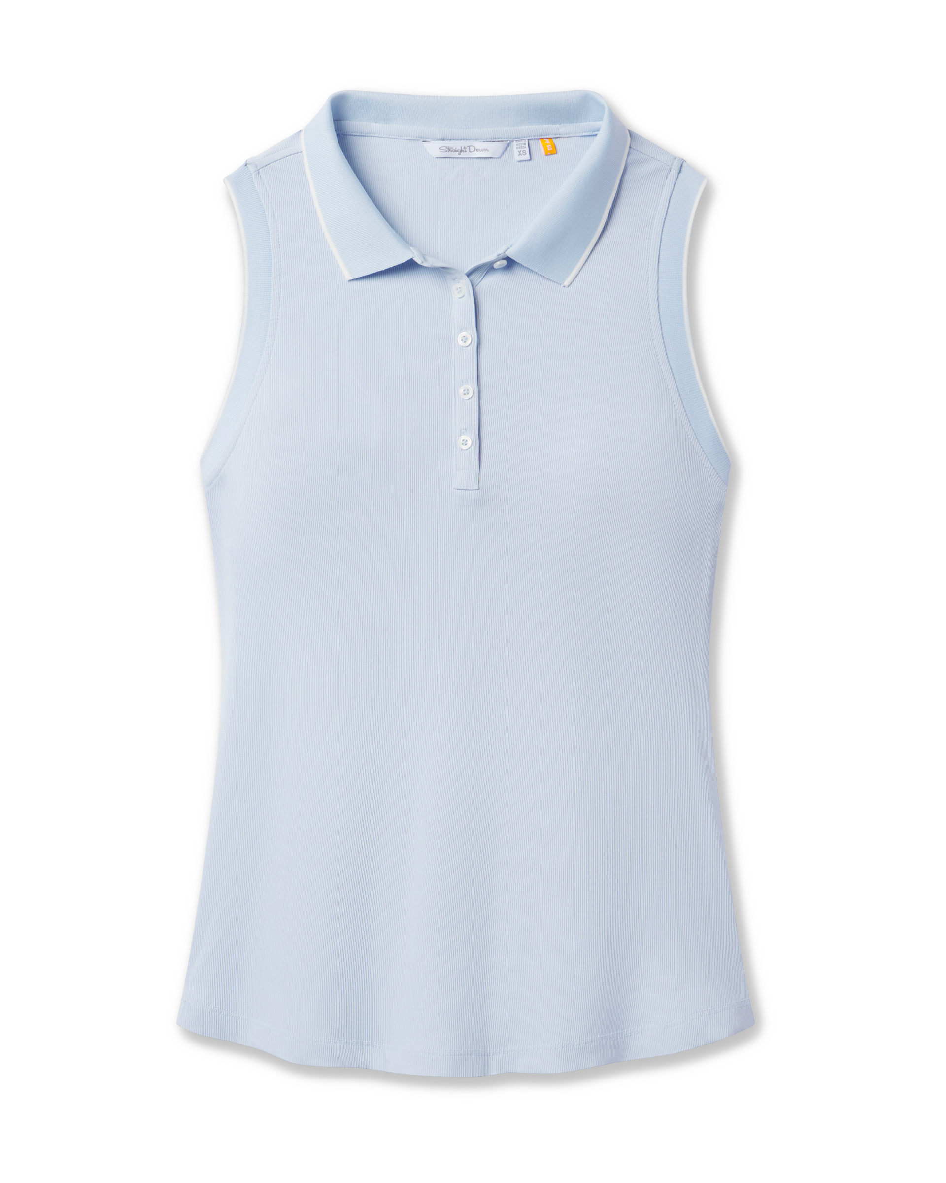 Sami Sleeveless Polo in Lake blue with ribbed stretch fabric, front view