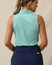 Empress Sleeveless Polo in Cascade with geometric print stretch fabric, back view