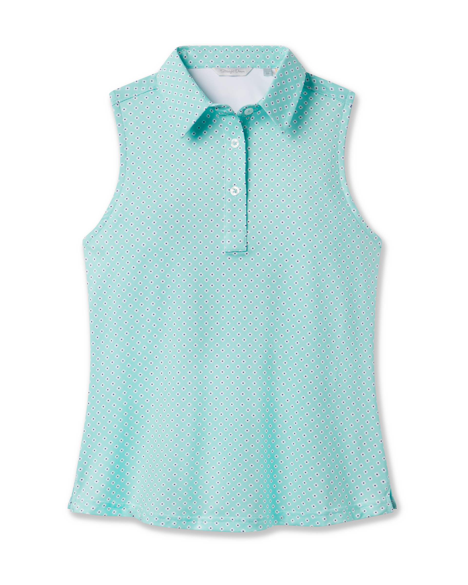 Empress Sleeveless Polo in Cascade with geometric print stretch fabric, front view