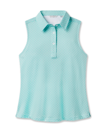 Empress Sleeveless Polo in Cascade with geometric print stretch fabric, front view