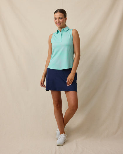 Empress Sleeveless Polo in Cascade with geometric print stretch fabric, full outfit view