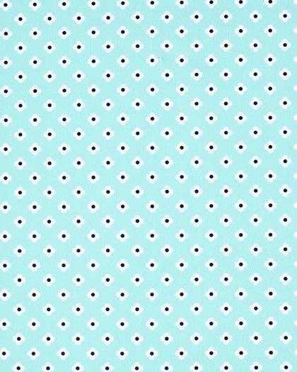 A repeating pattern of small black dots with white circular geometric outlines on a light aqua background.