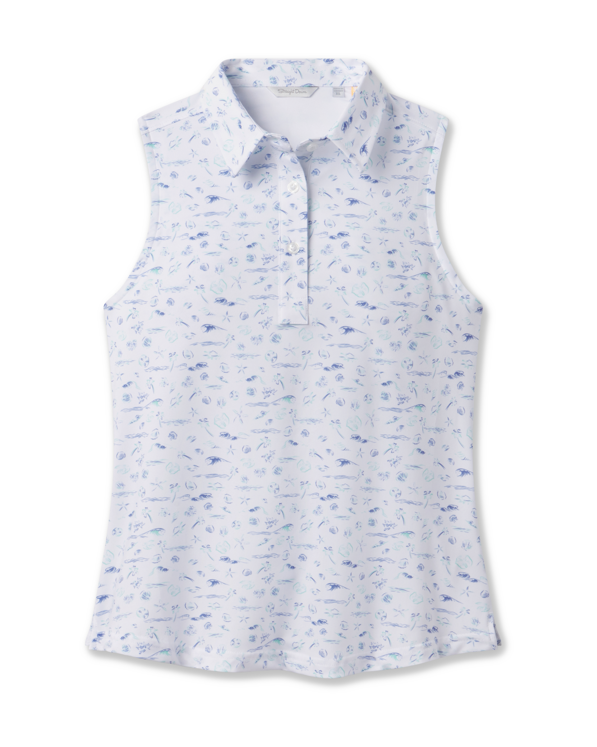 Paradise Lost Sleeveless Polo in Tidal with ocean-inspired print, front view