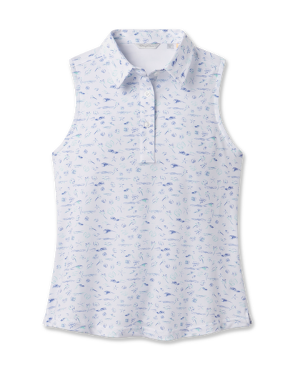 Paradise Lost Sleeveless Polo in Tidal with ocean-inspired print, front view