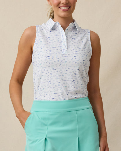 Paradise Lost Sleeveless Polo in Tidal with ocean-inspired print, front model view