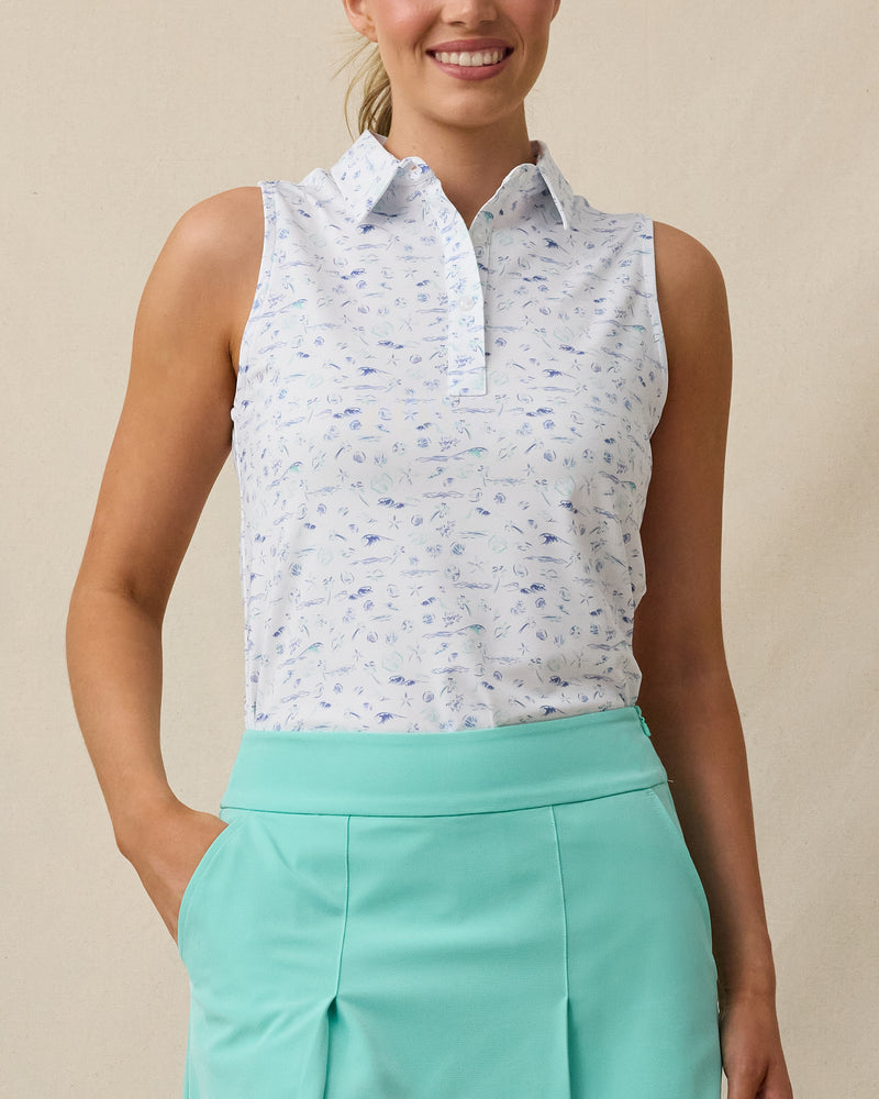 Paradise Lost Sleeveless Polo in Tidal with ocean-inspired print, front model view