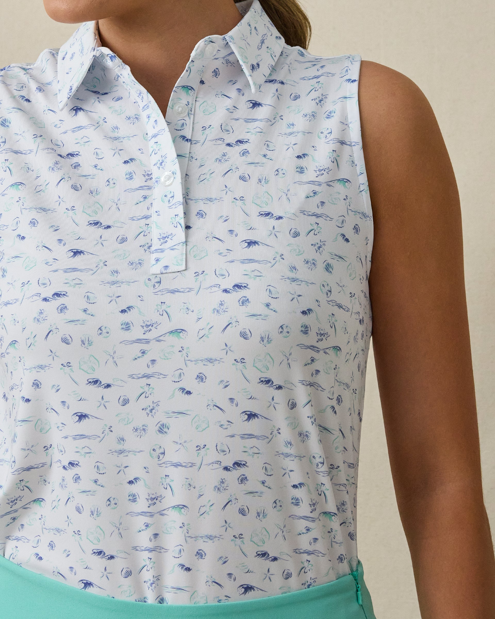 Paradise Lost Sleeveless Polo in Tidal with ocean-inspired print, print detail view