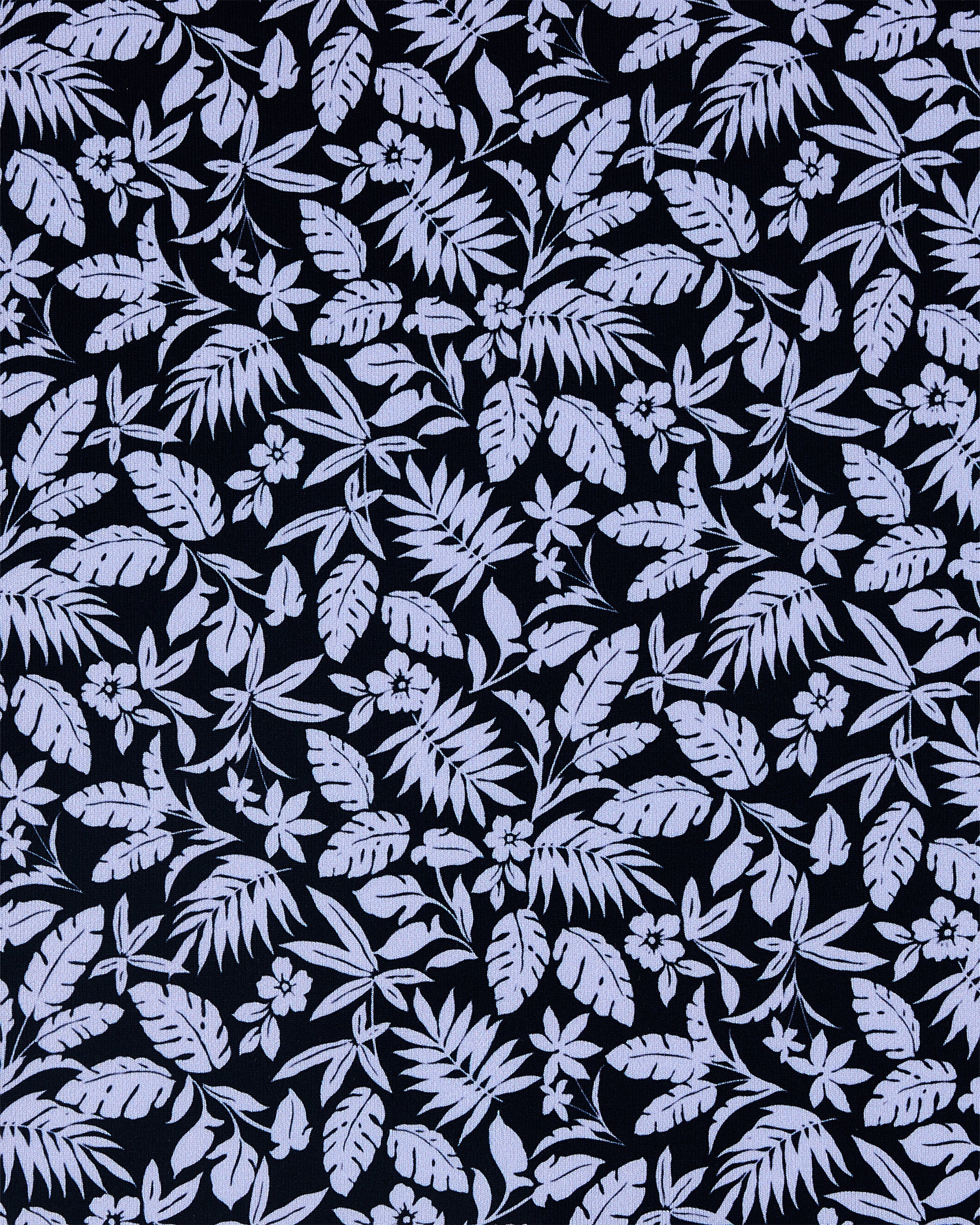 A repeating floral and leaf pattern in pale lavender on a very dark navy or near-black background.