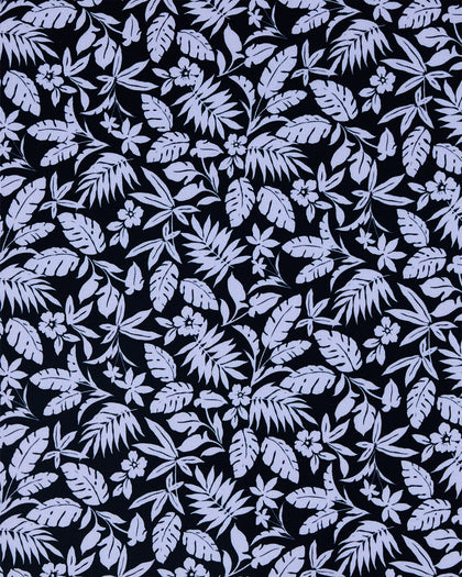 A repeating floral and leaf pattern in pale lavender on a very dark navy or near-black background.