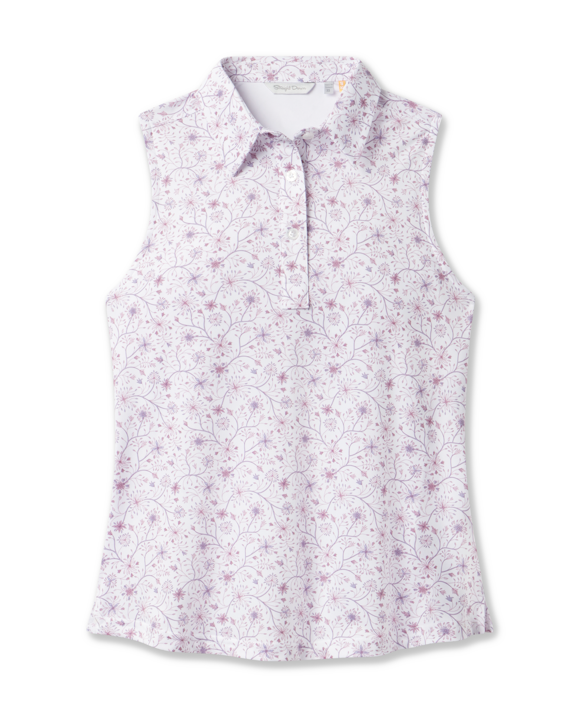 Women's Erika Sleeveless Polo in White featuring a delicate allover floral vine print in soft pink and lavender tones on a white background