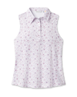 Women's Erika Sleeveless Polo in White featuring a delicate allover floral vine print in soft pink and lavender tones on a white background