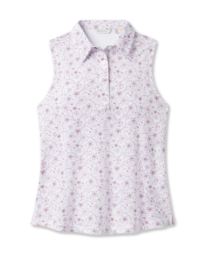 Women's Erika Sleeveless Polo in White featuring a delicate allover floral vine print in soft pink and lavender tones on a white background