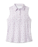 Women's Erika Sleeveless Polo in White featuring a delicate allover floral vine print in soft pink and lavender tones on a white background
