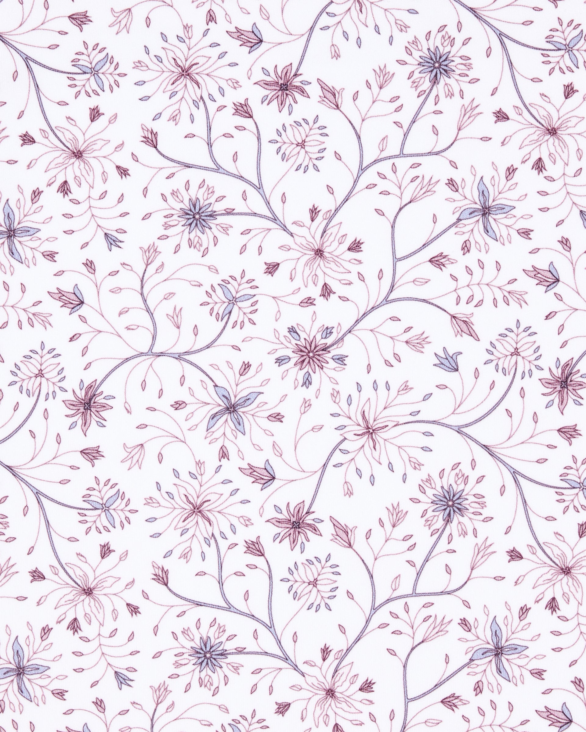 A repeating floral pattern featuring delicate hand-drawn branches and small blossoms in dusty pink, mauve, and lavender on a white background.