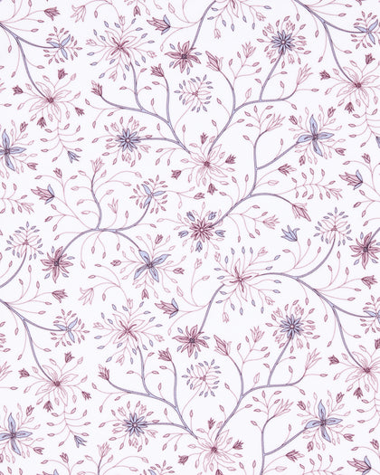 A repeating floral pattern featuring delicate hand-drawn branches and small blossoms in dusty pink, mauve, and lavender on a white background.