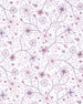 A repeating floral pattern featuring delicate hand-drawn branches and small blossoms in dusty pink, mauve, and lavender on a white background.