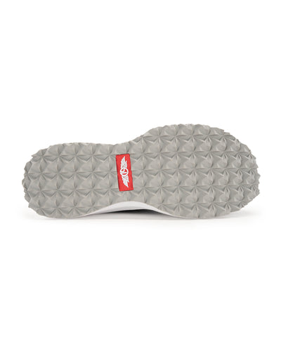 Swing Shoe in Black, bottom view featuring the grey geometric traction outsole with Straight Down logo red label at the center