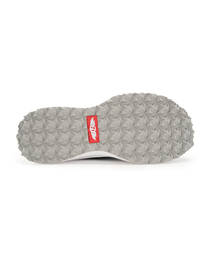 Swing Shoe in Black, bottom view featuring the grey geometric traction outsole with Straight Down logo red label at the center