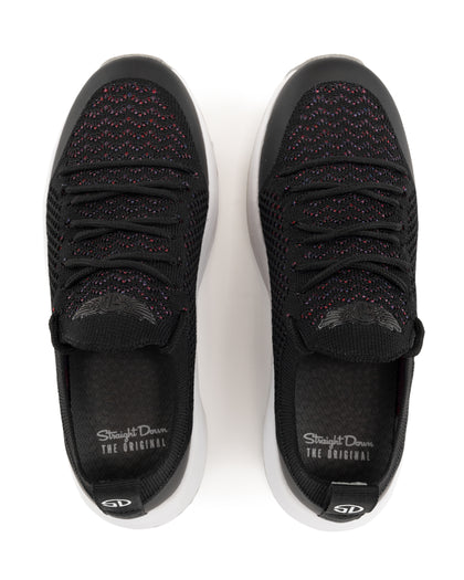 Swing Shoe in Black, top down view of a pair featuring black knit upper with burgundy and purple speckle detail, black laces, and Straight Down logo on the tongue