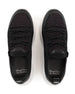 Swing Shoe in Black, top down view of a pair featuring black knit upper with burgundy and purple speckle detail, black laces, and Straight Down logo on the tongue