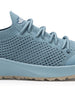 Swing Shoe in Mineral, close-up side view featuring the open-weave knit upper texture, tonal laces, and Straight Down logo on the tongue with light blue midsole and tan traction outsole