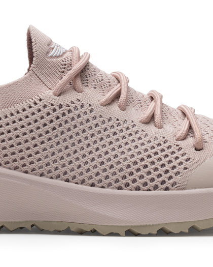 Swing Shoe in Rosewine, close-up side view featuring the open-weave knit upper texture, tonal laces, Straight Down logo on the tongue, and blush midsole with tan traction outsole