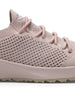 Swing Shoe in Rosewine, close-up side view featuring the open-weave knit upper texture, tonal laces, Straight Down logo on the tongue, and blush midsole with tan traction outsole