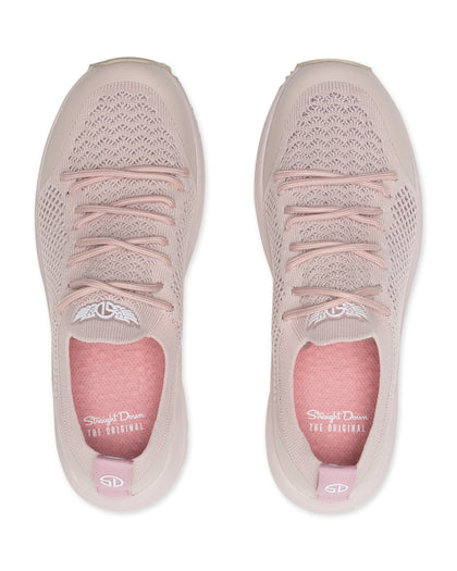 Swing Shoe in Rosewine, top down view of a pair featuring blush pink knit upper with tonal laces, Straight Down logo on the tongue, and pink interior insole with Straight Down branding