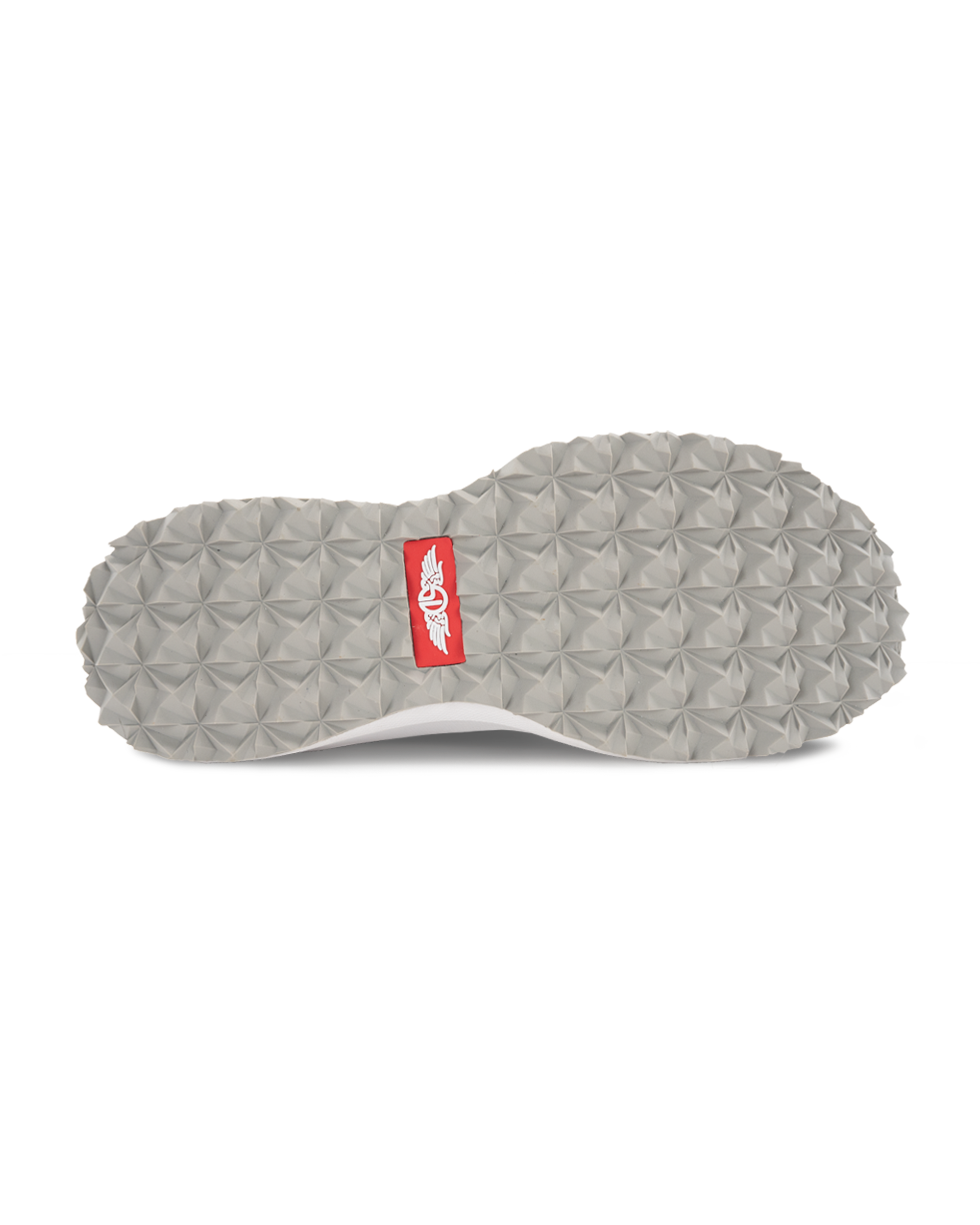 Swing Shoe in Black, bottom view featuring the grey geometric traction outsole with Straight Down logo red label at the center