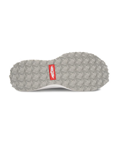 Swing Shoe in Black, bottom view featuring the grey geometric traction outsole with Straight Down logo red label at the center