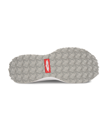 Swing Shoe in Black, bottom view featuring the grey geometric traction outsole with Straight Down logo red label at the center