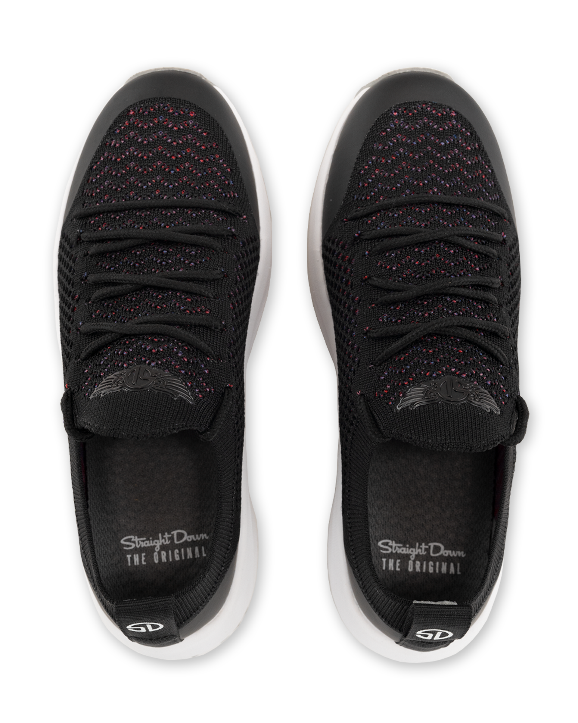 Swing Shoe in Black, top down view of a pair featuring black knit upper with burgundy and purple speckle detail, black laces, and Straight Down logo on the tongue