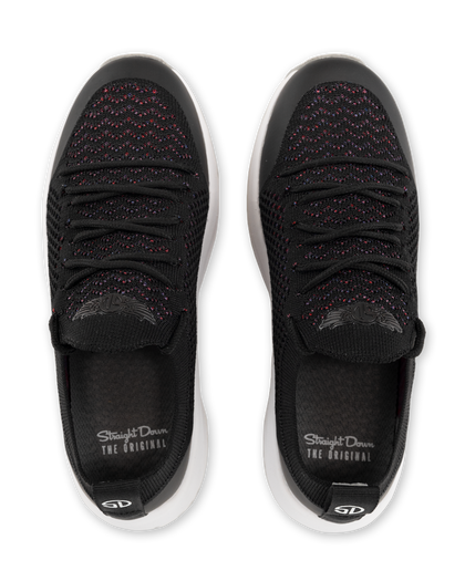 Swing Shoe in Black, top down view of a pair featuring black knit upper with burgundy and purple speckle detail, black laces, and Straight Down logo on the tongue