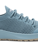 Swing Shoe in Mineral, close-up side view featuring the open-weave knit upper texture, tonal laces, and Straight Down logo on the tongue with light blue midsole and tan traction outsole