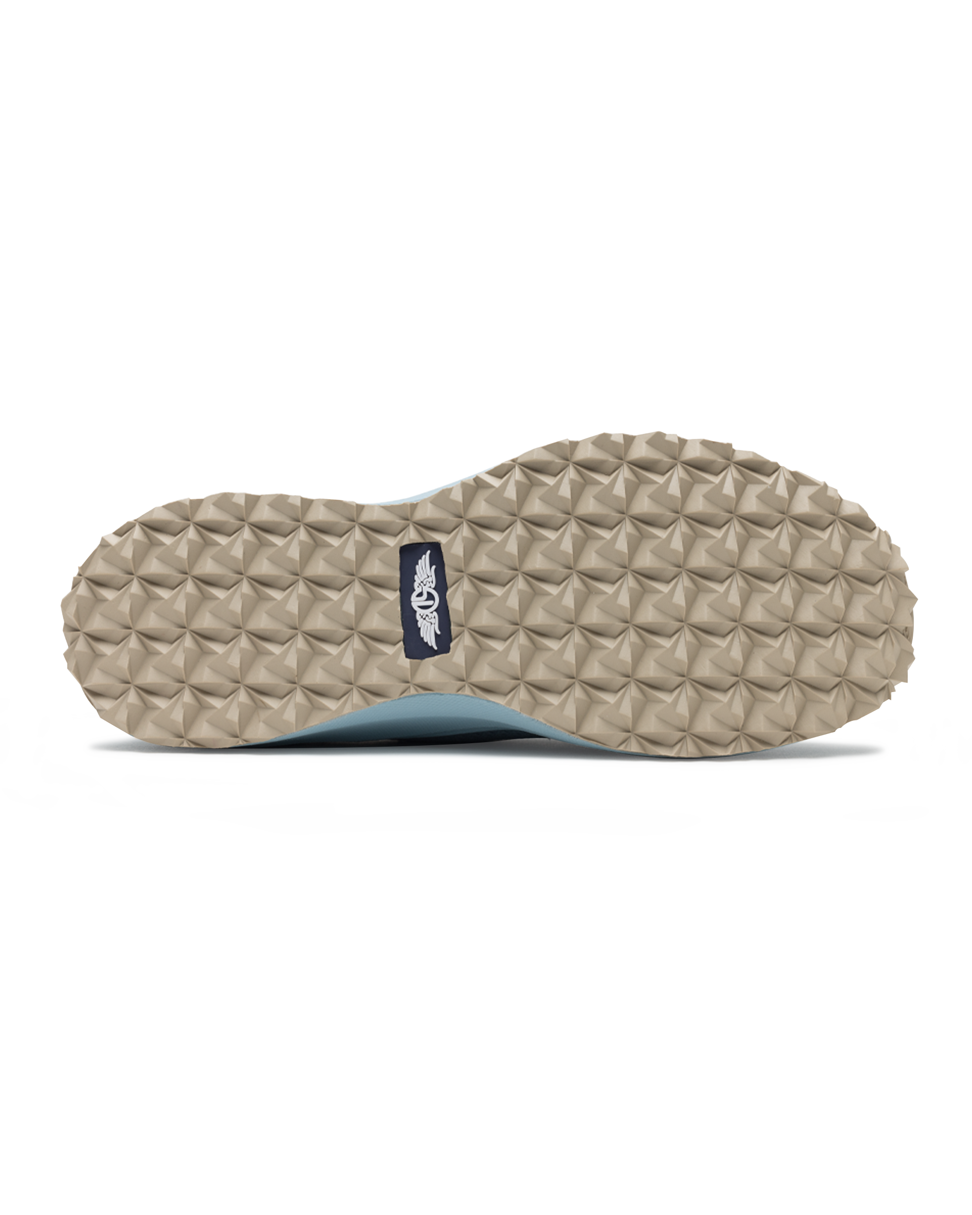 Swing Shoe in Mineral, bottom view featuring the tan geometric traction outsole with Straight Down logo navy label at the center