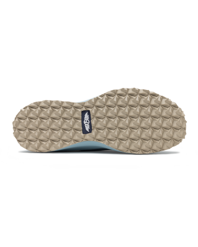 Swing Shoe in Mineral, bottom view featuring the tan geometric traction outsole with Straight Down logo navy label at the center