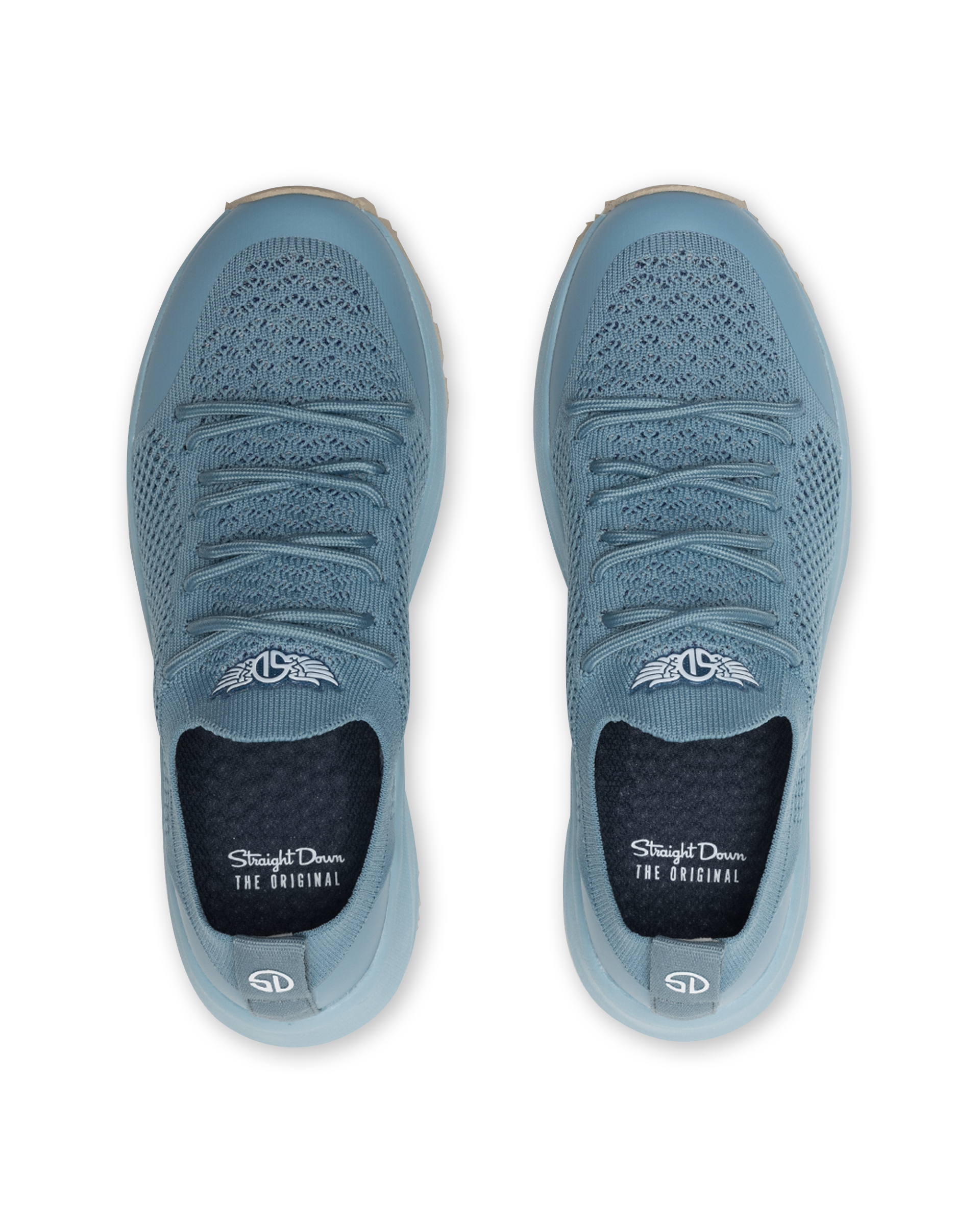Swing Shoe in Mineral, top down view of a pair featuring slate blue knit upper with tonal laces, Straight Down logo on the tongue, and navy interior insole with Straight Down branding