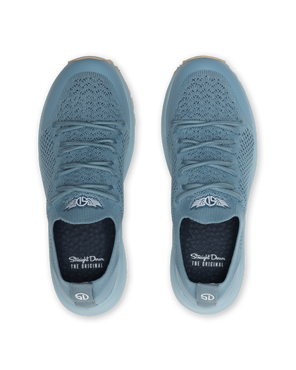 Swing Shoe in Mineral, top down view of a pair featuring slate blue knit upper with tonal laces, Straight Down logo on the tongue, and navy interior insole with Straight Down branding