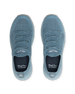 Swing Shoe in Mineral, top down view of a pair featuring slate blue knit upper with tonal laces, Straight Down logo on the tongue, and navy interior insole with Straight Down branding