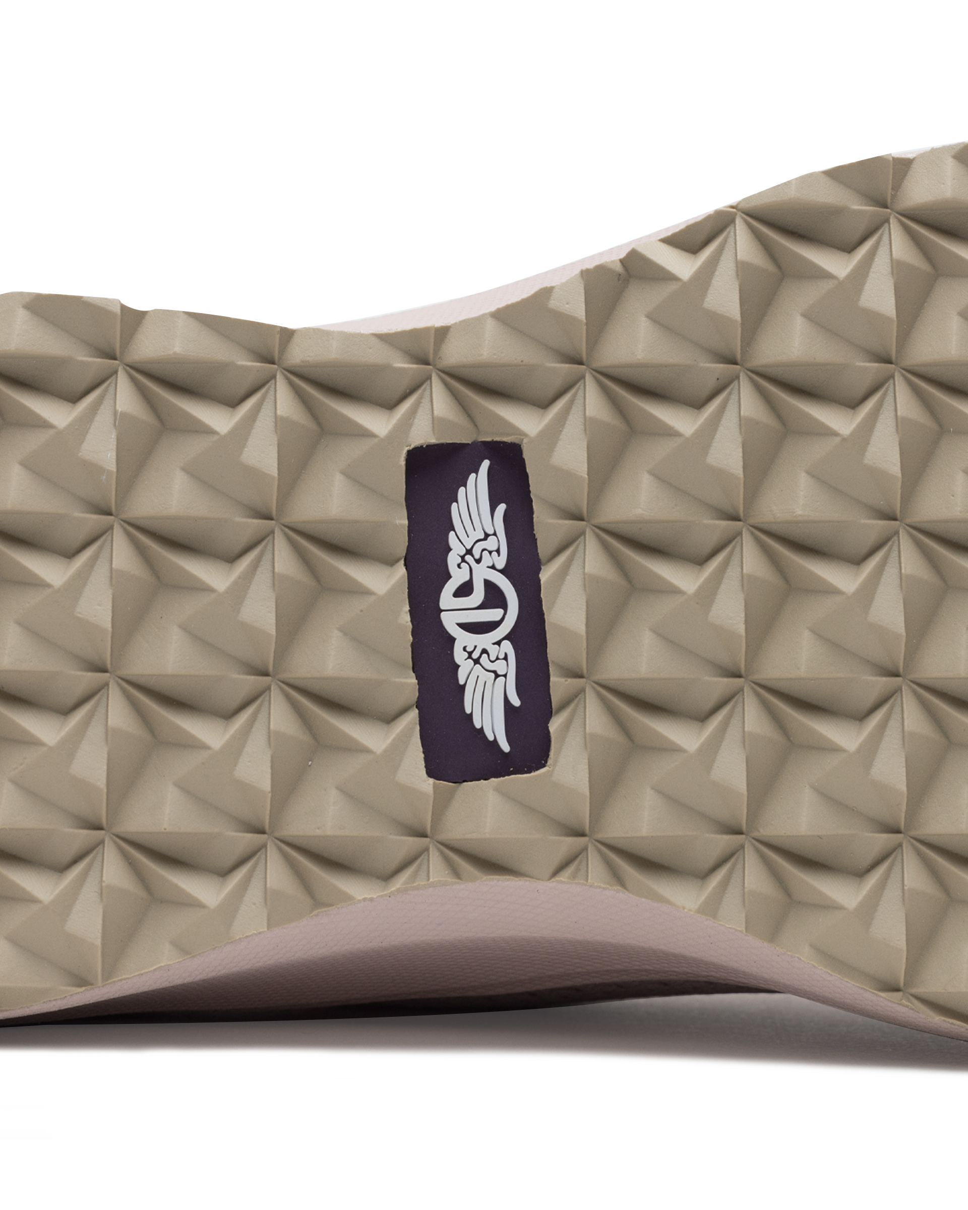 Swing Shoe in Rosewine, close-up bottom view featuring the tan geometric traction outsole with Straight Down navy logo label at the center and blush midsole edge