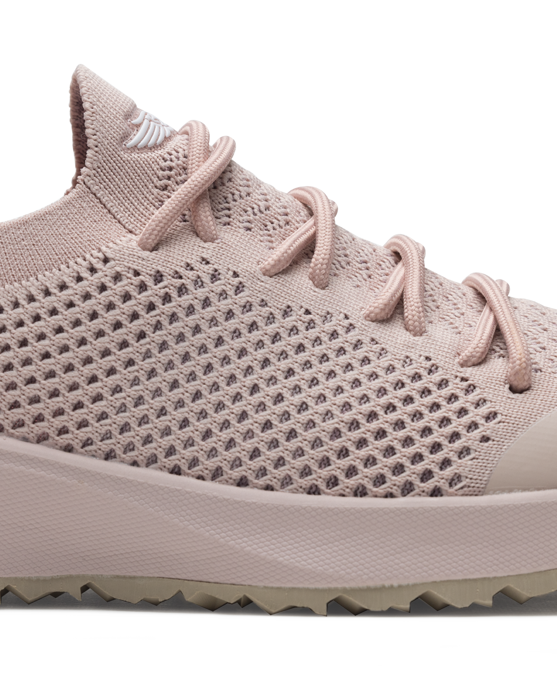 Swing Shoe in Rosewine, close-up side view featuring the open-weave knit upper texture, tonal laces, Straight Down logo on the tongue, and blush midsole with tan traction outsole