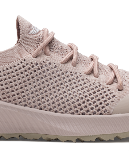 Swing Shoe in Rosewine, close-up side view featuring the open-weave knit upper texture, tonal laces, Straight Down logo on the tongue, and blush midsole with tan traction outsole