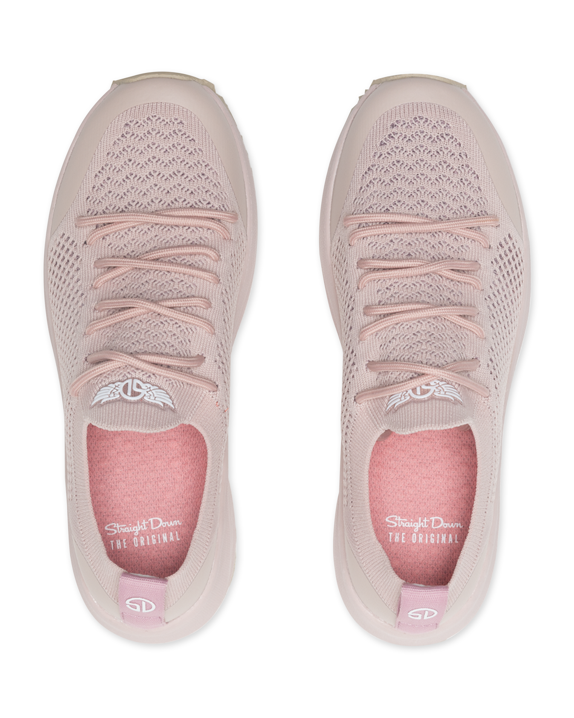 Swing Shoe in Rosewine, top down view of a pair featuring blush pink knit upper with tonal laces, Straight Down logo on the tongue, and pink interior insole with Straight Down branding