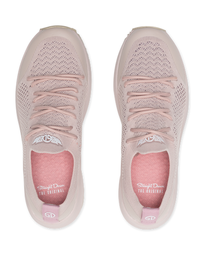 Swing Shoe in Rosewine, top down view of a pair featuring blush pink knit upper with tonal laces, Straight Down logo on the tongue, and pink interior insole with Straight Down branding